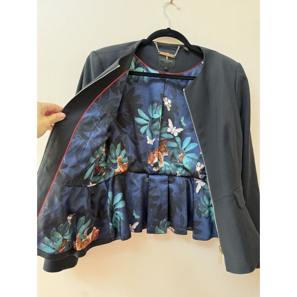 Ted Baker Black Fitted Jacket Gold Zip Bright Floral Leopard Houdini Lining L